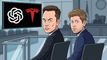 Caricatura de Elon Musk con expresión tensa y Sam Altman preocupado, sentados en el banquillo de un tribunal. Detrás, logos de OpenAI y Tesla en pantalla.