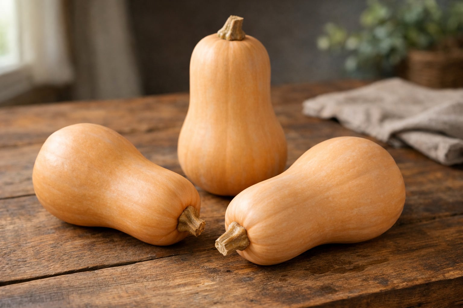 Tres calabazas anco frescas de color naranja claro reposan sobre una mesa de madera rústica, listas para ser preparadas en una variedad de platos otoñales (Imagen Ilustrativa Infobae)