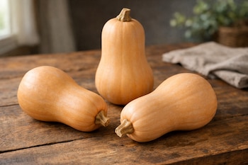 Imagen de tres calabazas anco enteras, de piel lisa y color beige anaranjado claro, colocadas sobre una superficie de madera veteada.