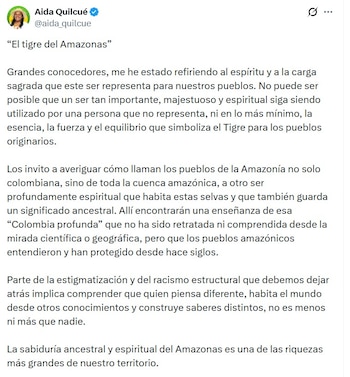 Aida Quilcué respondió a las críticas que surgieron luego de su discurso en Leticia, donde habló del “tigre verdadero" - crédito @aida_quilcue/X