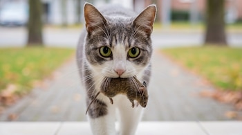 Primer plano de un gato atigrado gris y blanco con ojos verdes, que lleva un ratón marrón en su boca mientras camina hacia adelante en un camino exterior borroso.