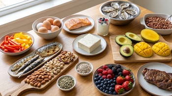Una mesa de madera clara llena de alimentos frescos: salmón, sardinas, ostras, huevos, morrones, aguacates, mangos, frutos rojos, tofu, frutos secos, semillas y un bistec.