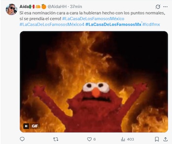 Captura de una publicación en X con un mensaje de texto y una imagen del personaje Elmo con los brazos levantados frente a llamas