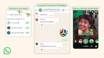 Capturas de pantalla de la interfaz de WhatsApp mostrando un directorio de canales, una conversación con un sticker de la pelota Trionda y efectos de llamada con temática de fútbol