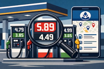Surtidores de combustible con precios digitales, una lupa que magnifica un precio alto y un teléfono móvil con la aplicación Facilito de Osinergmin.