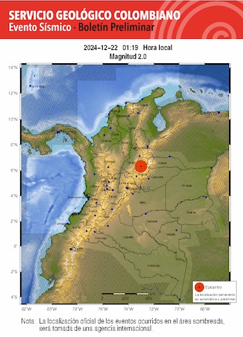 En la madrugada del 22 de diciembre, se presentó un temblor en el municipio Coromoro - crédito SGC