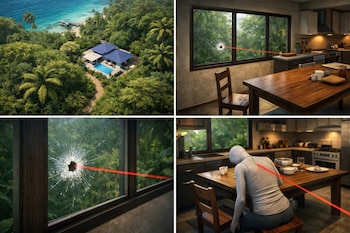 Collage de cuatro paneles: vista aérea de finca tropical; cocina con ventana rota y láser rojo; ventana rota; maniquí sentado en cocina con láser rojo en espalda.