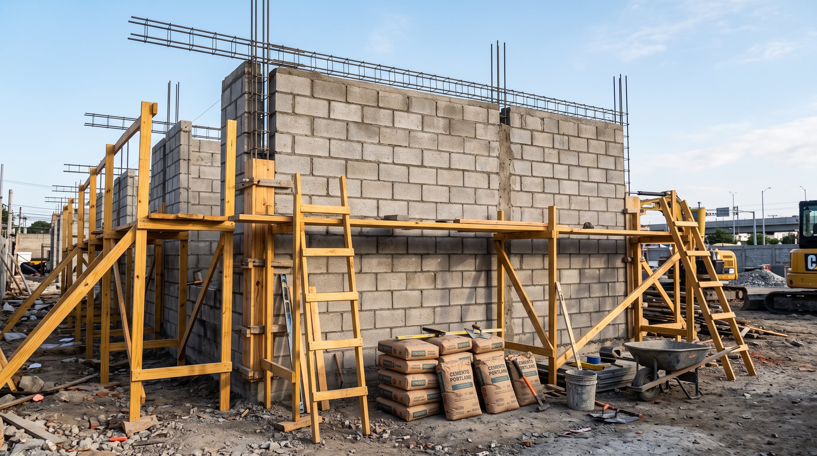 Un muro de concreto en desarrollo cuenta con andamios de madera, sacos de cemento y estructuras de acero en una obra de construcción civil. (Imagen Ilustrativa Infobae)