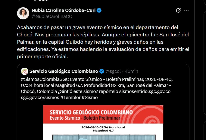 Gobernadora del Chocó reportó fuertes daños en la ciudad de Quibdó - crédito X