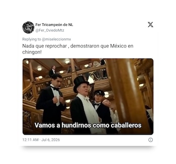 Pantalla de X (Twitter) con perfil de usuario y meme. El meme muestra una escena del Titanic con tres hombres y la frase 'Vamos a hundirnos como caballeros'