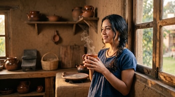 Una mujer con blusa azul sostiene una taza de barro humeante junto a una ventana de madera dentro de una cocina de adobe.