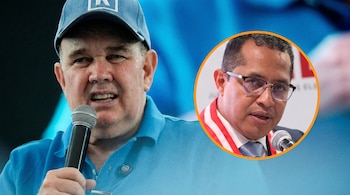 Rafael López Aliaga, con gorra y polo azul, hablando a un micrófono. A su derecha, una imagen circular de Burneo con gafas y banda bicolor, también hablando.