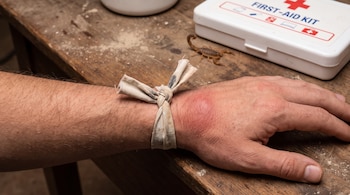 Brazo y mano de una persona con un torniquete de tela y una inflamación roja. Un alacrán y un botiquín de primeros auxilios en una mesa de madera.