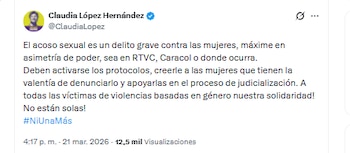 La candidata Claudia López Hernández rechazó hechos de acoso sexual denunciados en medios de comunicación - crédito @ClaudiaLopez/X