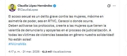 La candidata Claudia López Hernández rechazó hechos de acoso sexual denunciados en medios de comunicación - crédito @ClaudiaLopez/X