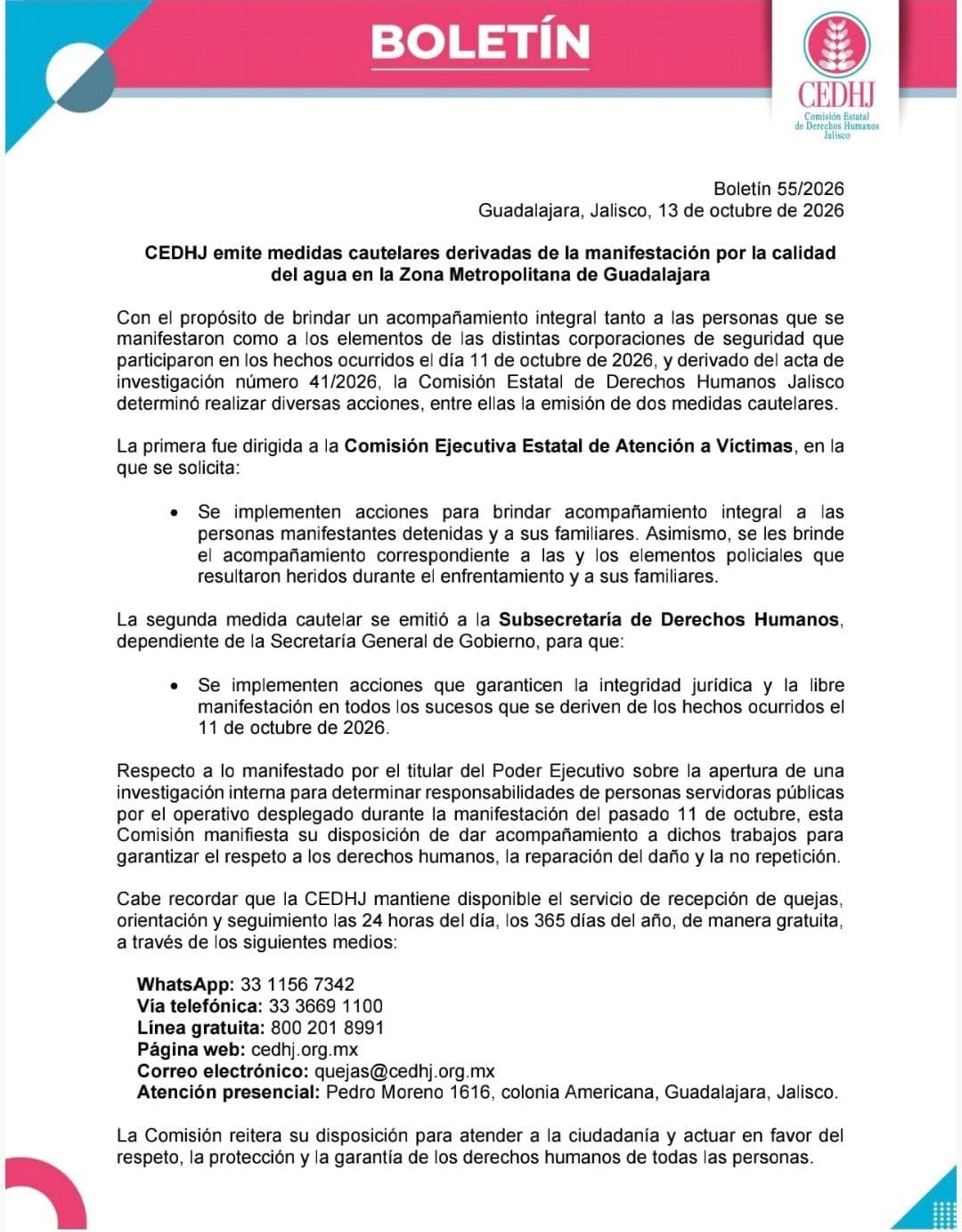 Un boletín de la Comisión Estatal de Derechos Humanos Jalisco detalla las medidas cautelares emitidas tras las protestas por la calidad del agua en Guadalajara. (@CEDHJ )