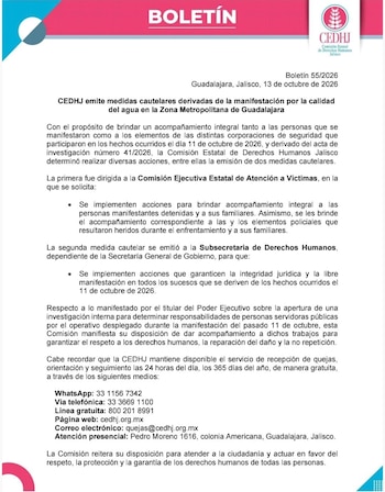 Documento impreso con el logotipo de la CEDHJ, el título Boletín 55/2026 y varios párrafos de texto explicativo en español