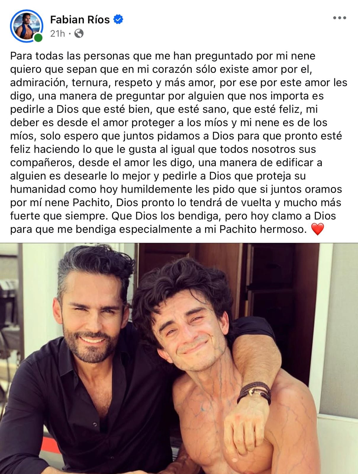 Fabián Ríos pidió oraciones por Francisco Bolívar, su compañero en ‘Sin senos sí hay paraíso’, y expresó públicamente su aprecio y preocupación por el actor - crédito Fabián Ríos / Facebook