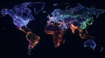 Mapa del mundo visualizado con redes neuronales y nodos luminosos en tonos púrpuras, verdes, naranjas y rojos que delinean continentes.