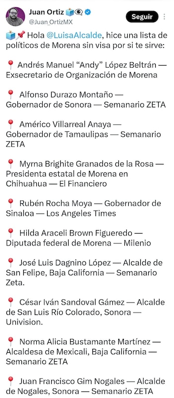 Captura de pantalla de un tuit de Juan Ortiz, que contiene el perfil del usuario y una lista de diez políticos de Morena, con sus cargos y fuentes de información
