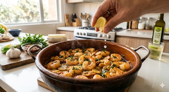 Preparar camarones al ajillo requiere solo 20 minutos y garantiza un plato jugoso y lleno de sabor caribeño - crédito (visuales IA infobae)