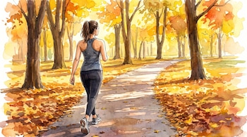 Ilustración de una mujer caminando por un sendero en un parque con árboles de hojas amarillas y naranjas, y el suelo cubierto de hojas secas.