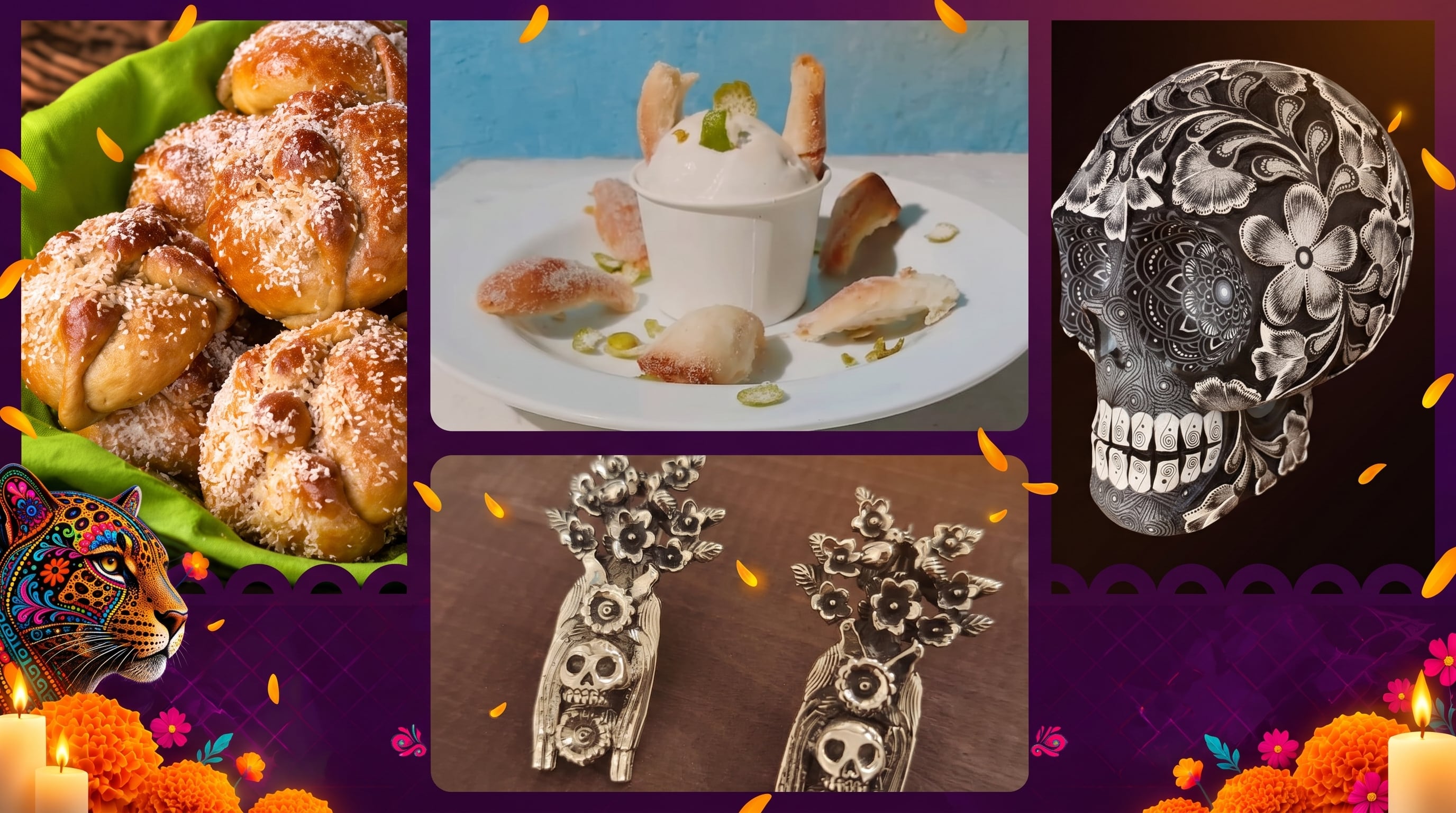 Una composición reúne pan de muerto, postres, piezas de joyería con calaveras y arte tradicional asociados a las celebraciones del Día de Muertos. (Composición/Sistema de Información Cultural Gob de México)