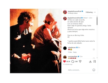 Captura de pantalla de una publicación de Instagram que muestra a dos hombres en un retrato: uno con cabello rizado y una taza, el otro calvo con gafas de sol