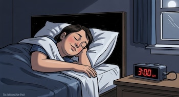 Ilustración de una persona con ojos cerrados durmiendo plácidamente en una cama oscura, con una almohada blanca y manta azul. Un reloj digital marca las 3:00 AM sobre la mesita de noche.