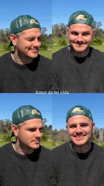 Collage de cuatro imágenes de un hombre con gorra verde y suéter negro, con el texto "Amor de mi vida" en el centro