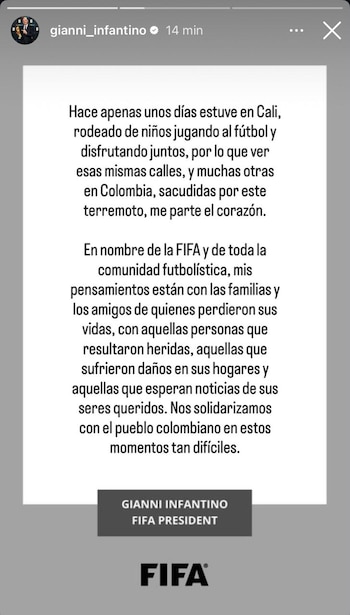 El dirigente Gianni Infantino envió un mensaje de apoyo en nombre del organismo y de la comunidad del fútbol a las familias de los fallecidos, los lesionados y quienes reportan daños o desaparecidos - crédito Gianni Infantino/Instagram