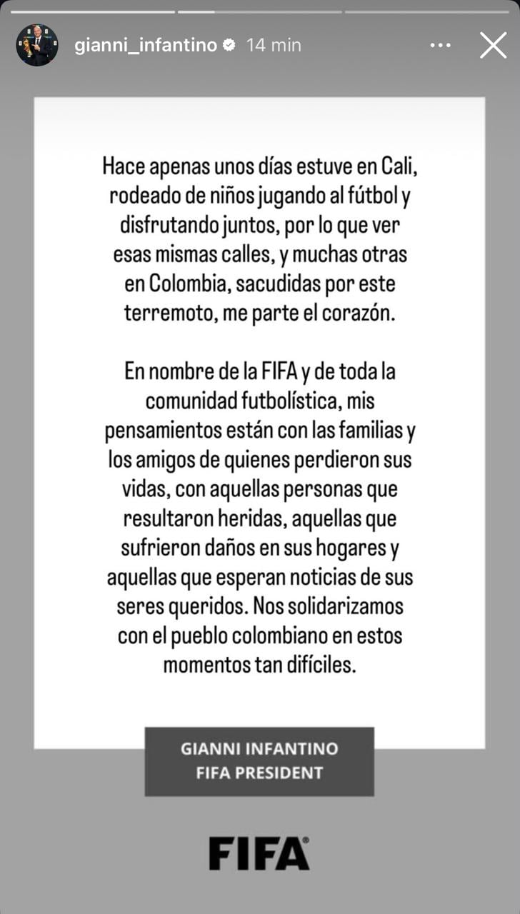 El dirigente Gianni Infantino envió un mensaje de apoyo en nombre del organismo y de la comunidad del fútbol a las familias de los fallecidos, los lesionados y quienes reportan daños o desaparecidos - crédito Gianni Infantino/Instagram