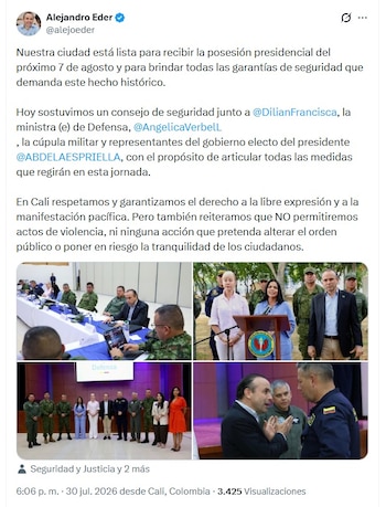 El 30 de julio se llevó a cabo el consejo de seguridad previo a la ceremonia de posesión presidencial de Abelardo de la Espriella en Cali, y que fue liderado por el alcalde de la ciudad Alejandro Eder - crédito @alejoeder/X
