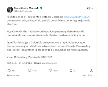 María Corina Machado también celebró triunfo de Abelardo de la Espriella