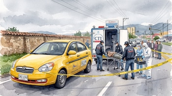 Un taxi amarillo, un furgón judicial y varios agentes forenses que mueven un cuerpo en una camilla detrás de una cinta de precaución.