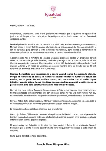 Con este comunicado, Francia Márquez