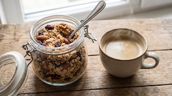 Tarro de vidrio con cereales, frutos secos y arándanos secos, una cuchara dentro; una taza de café humeante y una ventana, todo sobre madera.