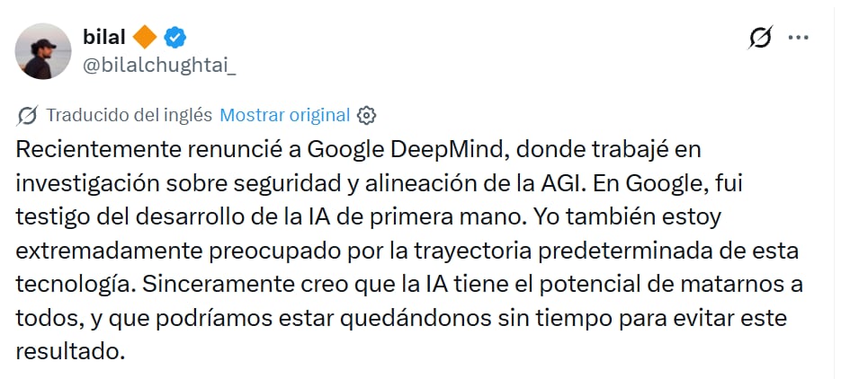 El exinvestigador de Google DeepMind advirtió que la inteligencia artificial podría representar una amenaza existencial para la humanidad.
(X/@bilalchughtai_)