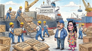Caricatura con trabajadores cargando sacos de aletas de tiburón en un barco de exportación, junto a Daniel Ortega y Rosario Murillo, grúas y contenedores.