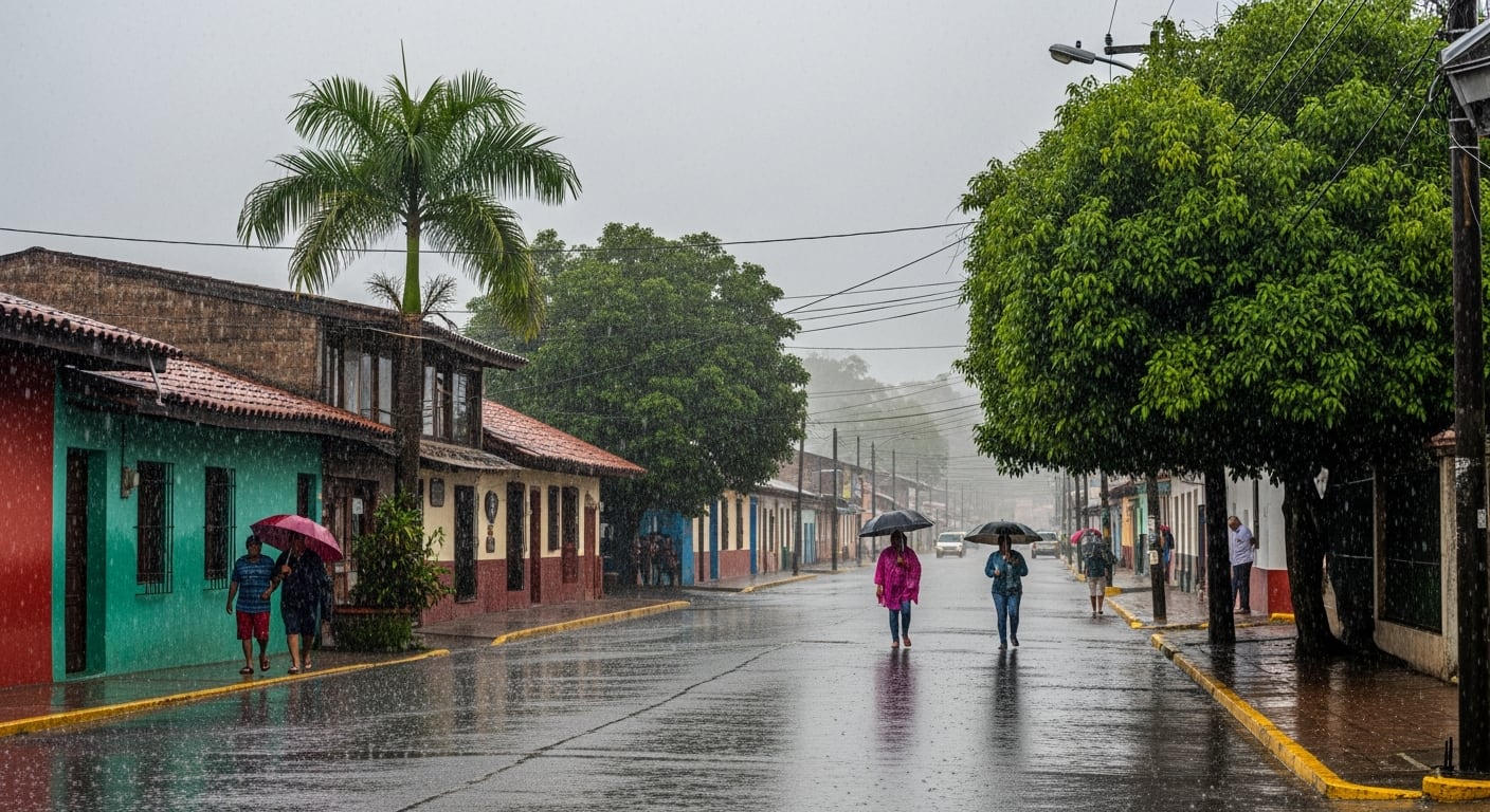 Residentes transitan por una calle mojada bajo la lluvia moderada en El Salvador, mientras el país se mantiene en Alerta Amarilla por influencia de baja presión. (Imagen Ilustrativa Infobae)
