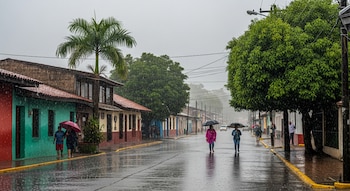 Vista de una calle urbana con lluvia moderada, personas caminando con paraguas y edificios de colores a los lados. Árboles verdes y postes de luz visibles.