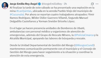 El gobernador de Cundinamarca, Jorge Emilio Rey, confirmó la emergencia a través de sus redes sociales. - crédito @JorgeEmilioRey/X