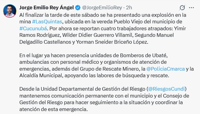 El gobernador de Cundinamarca, Jorge Emilio Rey, confirmó la emergencia a través de sus redes sociales. - crédito @JorgeEmilioRey/X