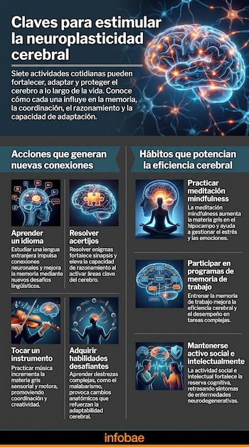 Infografía sobre neuroplasticidad cerebral con un cerebro iluminado, siete íconos de actividades como aprender, meditar, tocar música y socializar. Logo de Infobae.