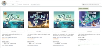 Página web con perfil de Lauren Sánchez Bezos y cuatro portadas de libros infantiles de la serie 'The Fly Who Flew', mostrando precios en pesos colombianos