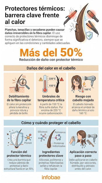Infografía con gráficos de cabello dañado, herramientas de calor, termómetro de temperaturas críticas, ingredientes químicos y pasos de aplicación de protectores térmicos.