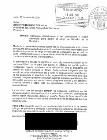 Carta notarial de Rafael López Aliaga dirigida a Roberto Burneo Bermejo con sellos de recibido del Jurado Nacional de Elecciones y una notaría