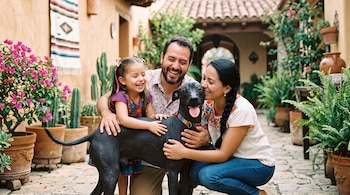 Un hombre, una mujer y una niña sonríen mientras acarician a un perro xoloitzcuintle negro en un patio con plantas en macetas.