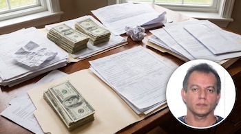 Escritorio con pilas de billetes de cien y un dólar, documentos, sobres, carpetas y papeles arrugados; un hombre aparece en un círculo en la esquina inferior derecha.