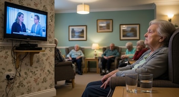 Una mujer anciana con cabello gris sentada en un sillón, con dos vasos de agua en una mesa, mira un televisor con dos presentadores en una sala común de una residencia.